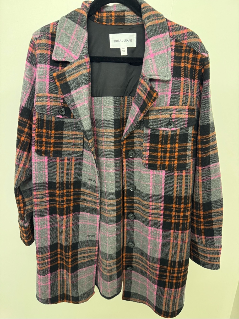 Tribal Plaid Button-Up Jacket in Gray, Black, Pink & Orange